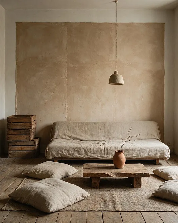 A serene studio apartment with a low beige sofa against a textured clay-toned wall, a simple pendant light hanging above, and a rustic wooden coffee table centered on a natural fiber rug. Floor cushions, stacked wooden crates, and a small ceramic vase with a bare branch complete the calm, earthy arrangement.