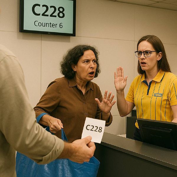 A tense interaction unfolds at an IKEA counter involving a customer dispute over a ticket number.