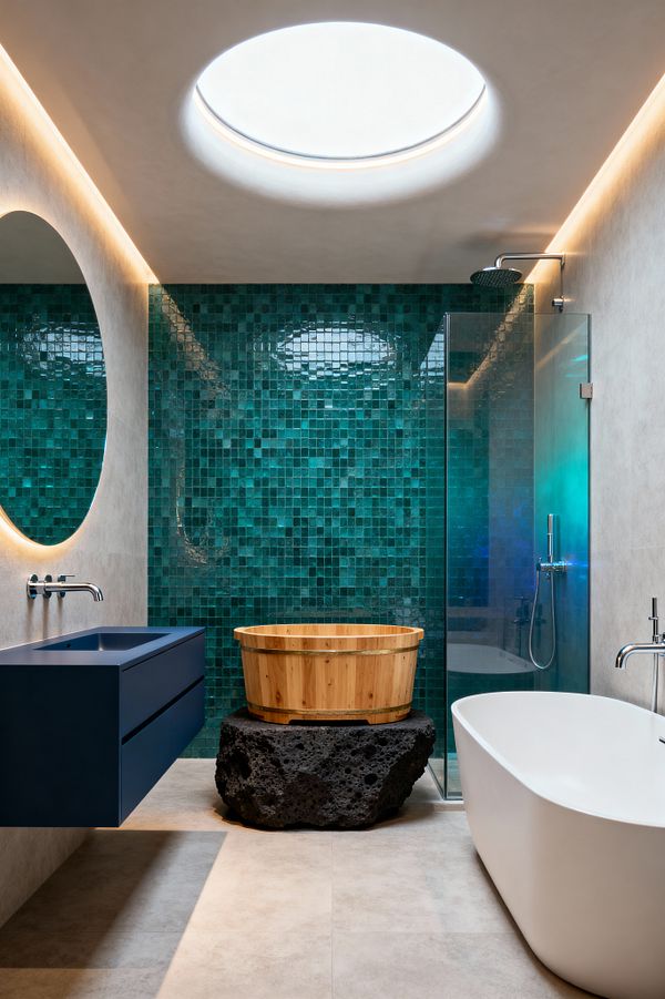 A modern bathroom with an emerald green mosaic tile feature wall, a round skylight, and concealed LED perimeter lighting. A floating navy vanity with an integrated sink and wall-mounted faucet sits on the left, opposite a frameless glass shower and a white freestanding bathtub. At the center is a small cedar ofuro-style tub set on a black lava stone base, over light beige floor tiles and pale plaster walls with chrome fixtures.