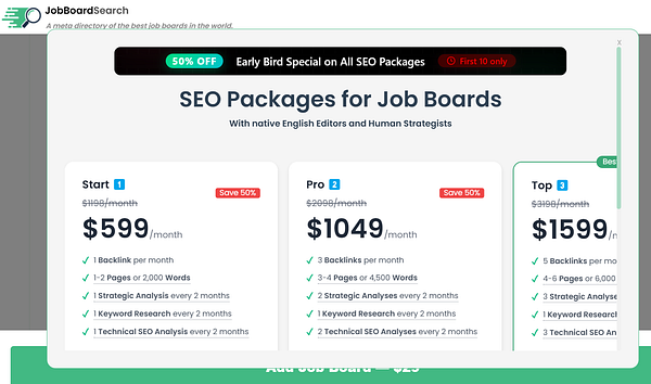 The image displays a pricing table for SEO packages offered by JobBoardSearch.