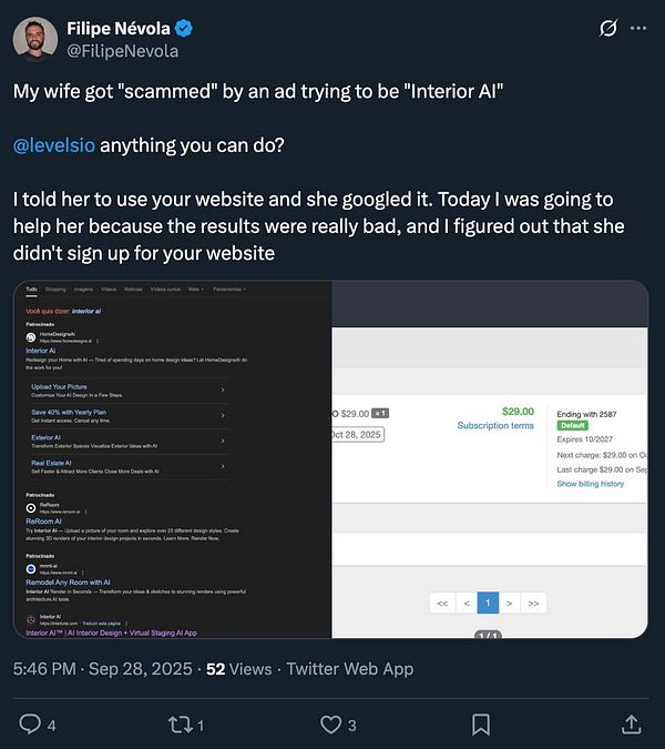 A Twitter post by Filipe Névola discussing a competitor's misleading advertisement related to 'Interior AI'.