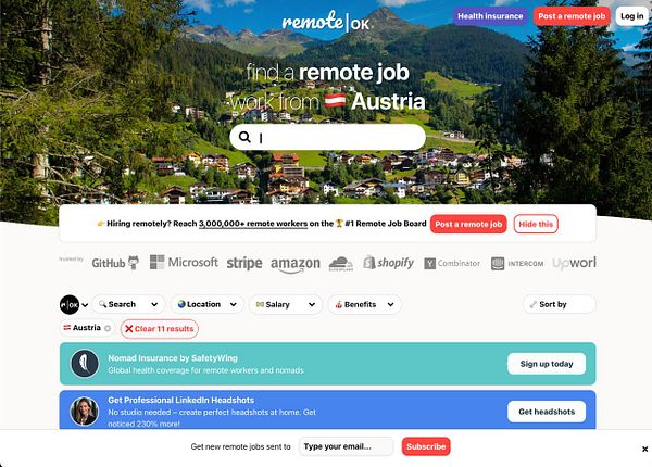 The image displays a webpage from RemoteOK focused on remote job opportunities in Austria.
