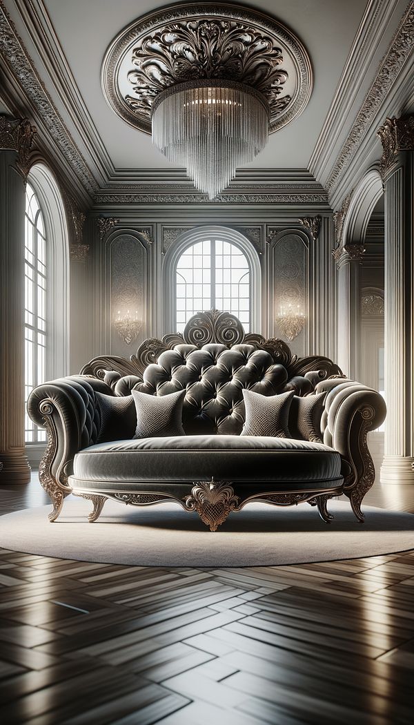 An elegant, velvet upholstered sofa with diamond tufting details on its backrest, reflecting a luxurious and sophisticated living room setting.