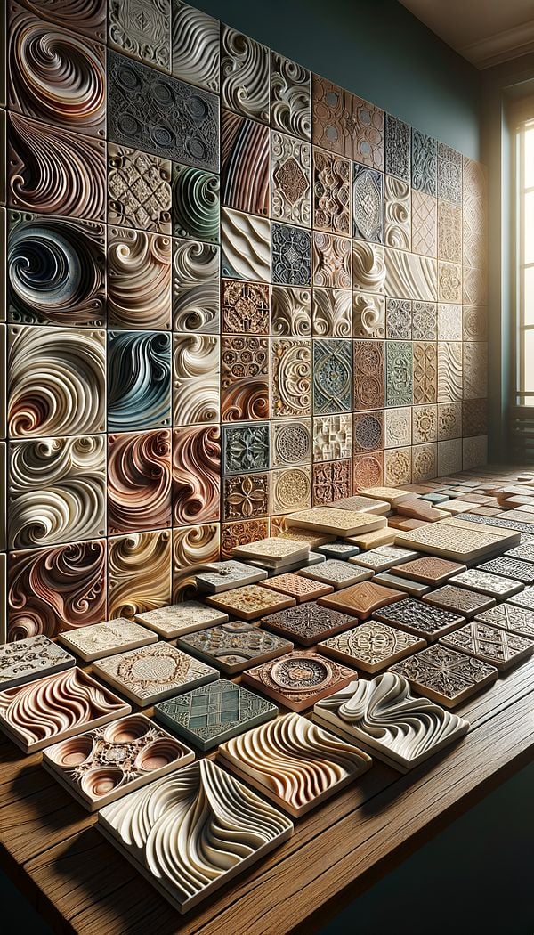 A variety of ceramic tiles showcasing different textures, colors, and patterns, laid out on a table with a few tiles installed on a wall as a backsplash, illustrating their application in interior design.
