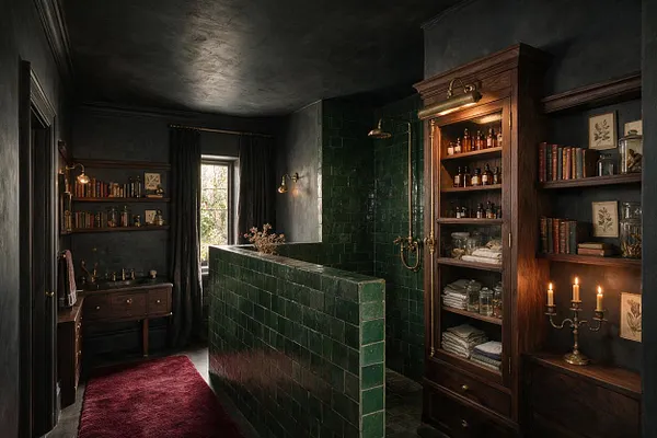 A dramatic master bathroom with dark charcoal walls, a deep green tiled shower enclosure, and warm walnut wood cabinetry. Built-in shelves hold books, jars, and candles, while brass fixtures and soft window light add a scholarly, old-world atmosphere.