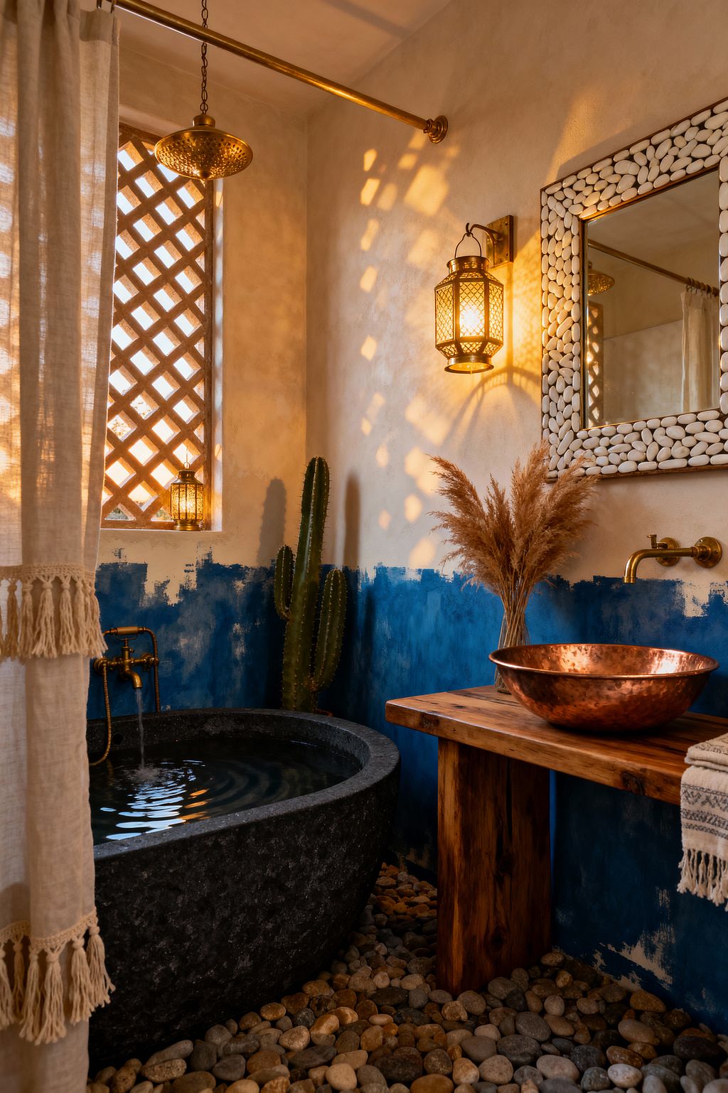 A Bohemian-style bathroom features a charcoal stone soaking tub set on river pebbles beside a rustic wood vanity topped with a hammered copper bowl and a wall-mounted brass faucet. Warm light from perforated brass lanterns and a lattice-screened window washes over limewashed sand-colored walls with an indigo paint band; a pebble-framed mirror, linen curtain, cactus, and pampas grass add layered texture.