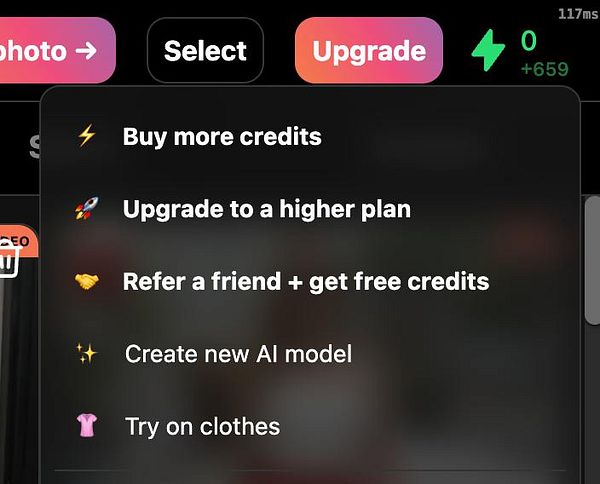 The image displays a user interface menu with options related to purchasing credits and upgrading services.