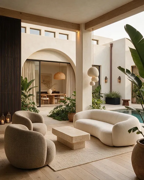 An organic modern backyard courtyard with cream stucco walls, arched openings, and warm wood trim surrounding a small pool. Rounded upholstered lounge chairs, a curved white sofa, a stone coffee table, hanging sculptural lights, and lush tropical plants create a calm, resort-like atmosphere.