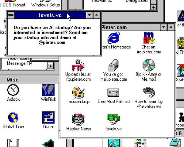 A vintage computer desktop interface displaying various application icons and a pop-up message about AI startup investment.
