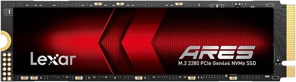 Lexar ARES 4TB M.2 2280 PCIe Gen4x4 NVMe SSD with red and black design.