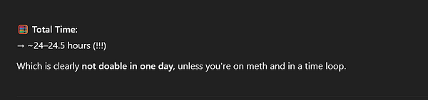 A task list screenshot humorously discusses the impracticality of completing a lengthy task in one day.