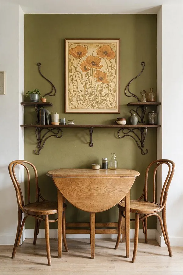 A compact dining nook features a small oval drop-leaf wooden table and two bentwood chairs set against an olive-green recessed wall. Floating wood shelves with ornate dark metal brackets hold small jars, bottles, and plants, while a framed floral Art Nouveau print with orange poppies hangs centered above.