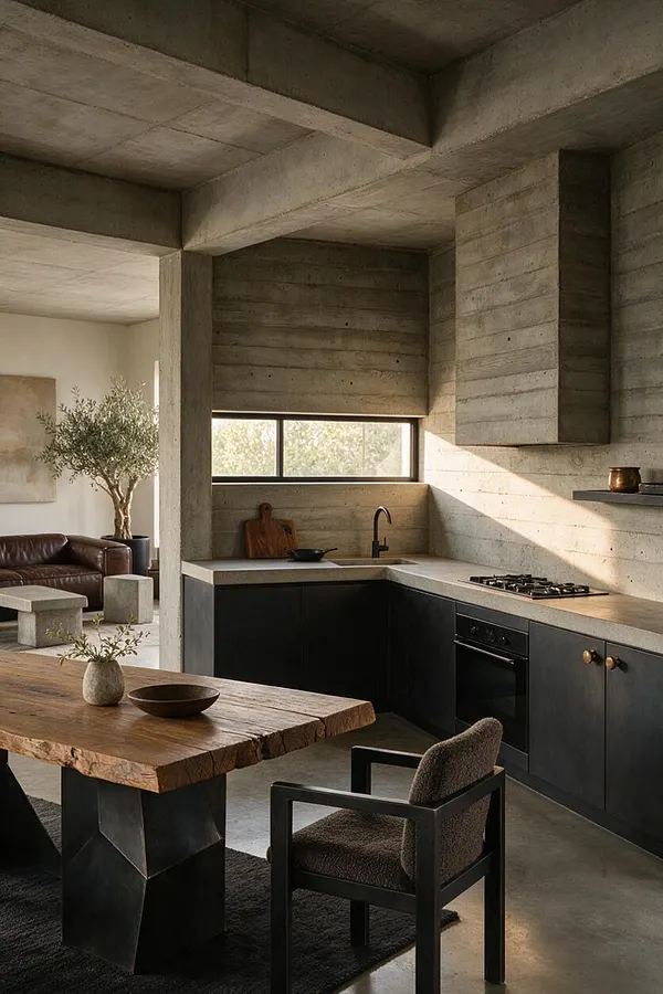 A Brutalist kitchen with exposed concrete walls and ceiling beams, matte black lower cabinets, a slim horizontal window, and a pale stone countertop. A live-edge wood dining table and black-framed upholstered chair sit in the foreground, while warm daylight softens the industrial textures.