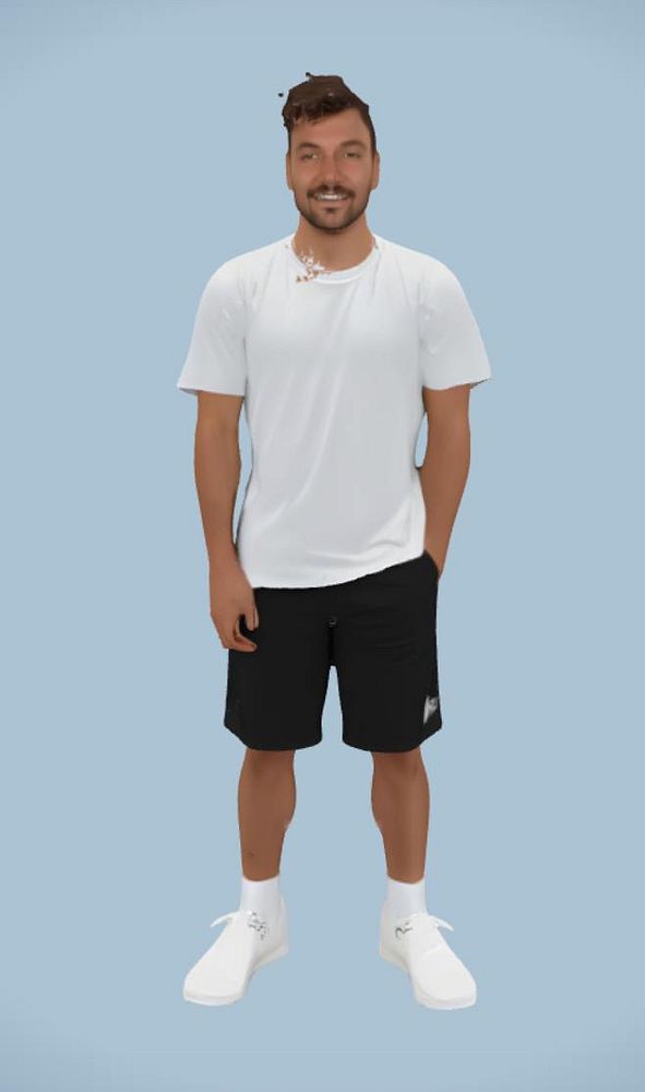 A 3D model of a young man in casual attire stands against a light blue background.