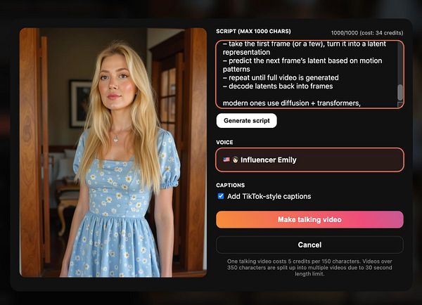 A young woman stands in a stylish room while a video generation interface is displayed on the screen.