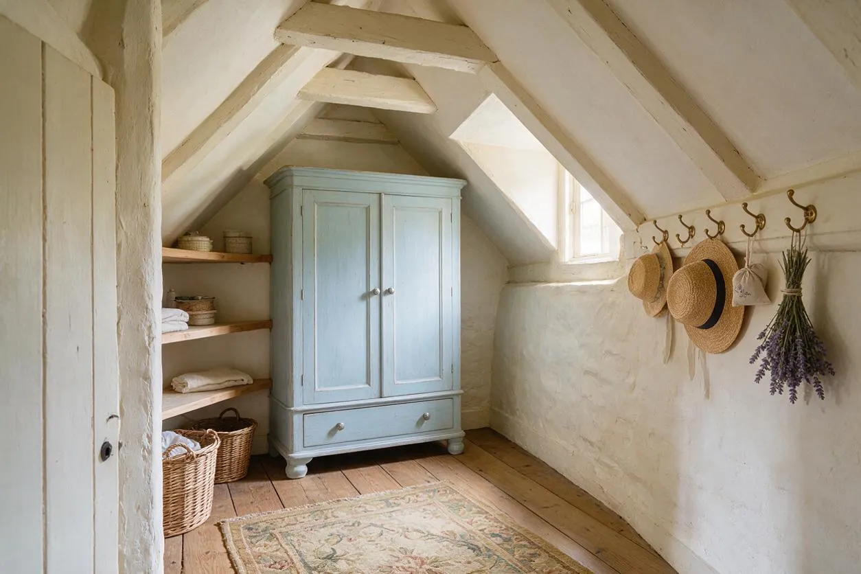 A narrow attic closet with a pale blue armoire centered against a sloped white plaster wall. Open wooden shelves with folded linens and woven baskets line one side, while brass hooks on the opposite wall hold straw hats and a bundle of lavender, creating a soft French Country look.