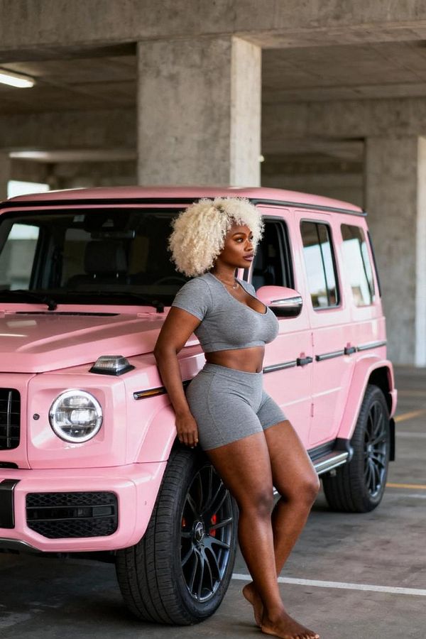 A woman poses confidently next to a pink luxury SUV in a parking garage.