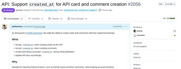 A GitHub pull request page showing a merged PR with comments and details about API updates.
