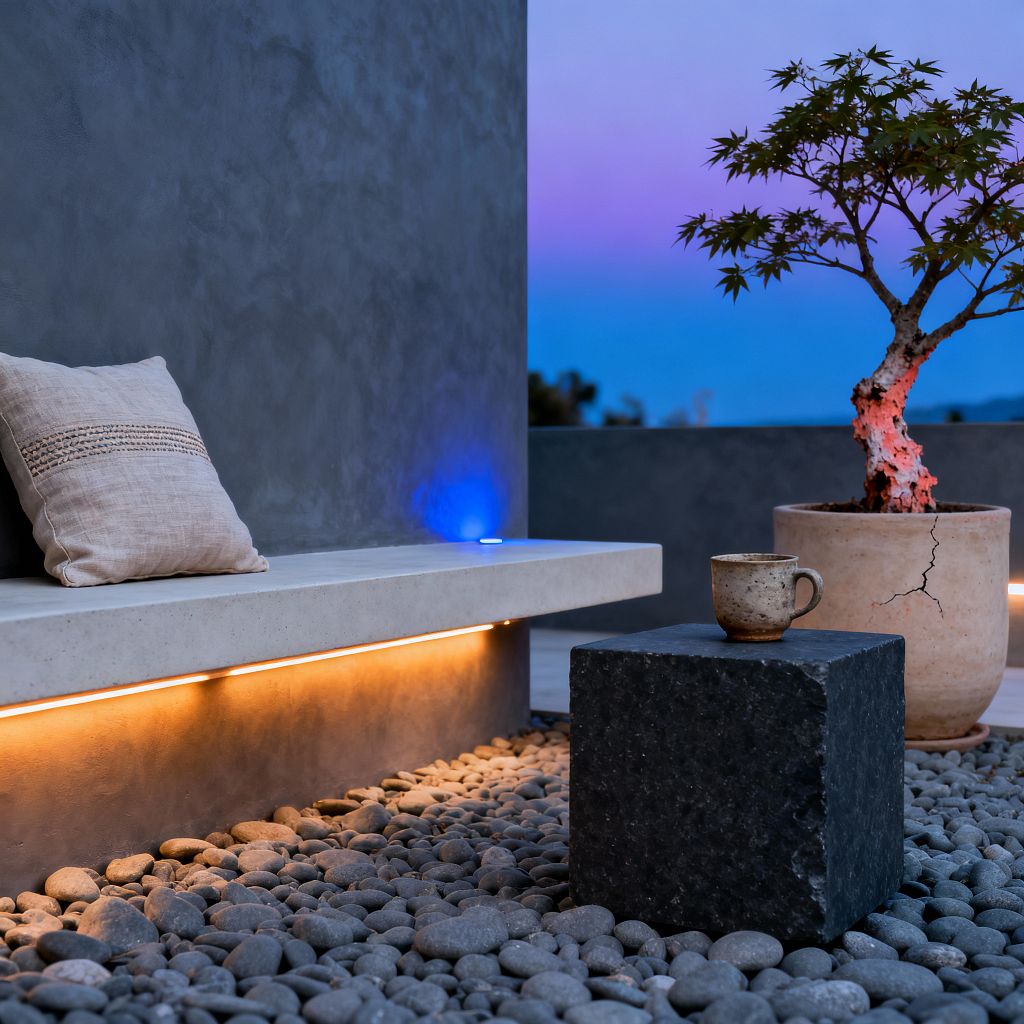 A minimalist patio at dusk shows a floating concrete bench against a smooth gray wall, underlit by a warm LED strip. The ground is covered with rounded river pebbles, a black stone cube works as a low table with a ceramic mug on top, and a beige earthenware planter with a small sculptural tree stands nearby as a blue uplight and twilight sky provide a calm backdrop.
