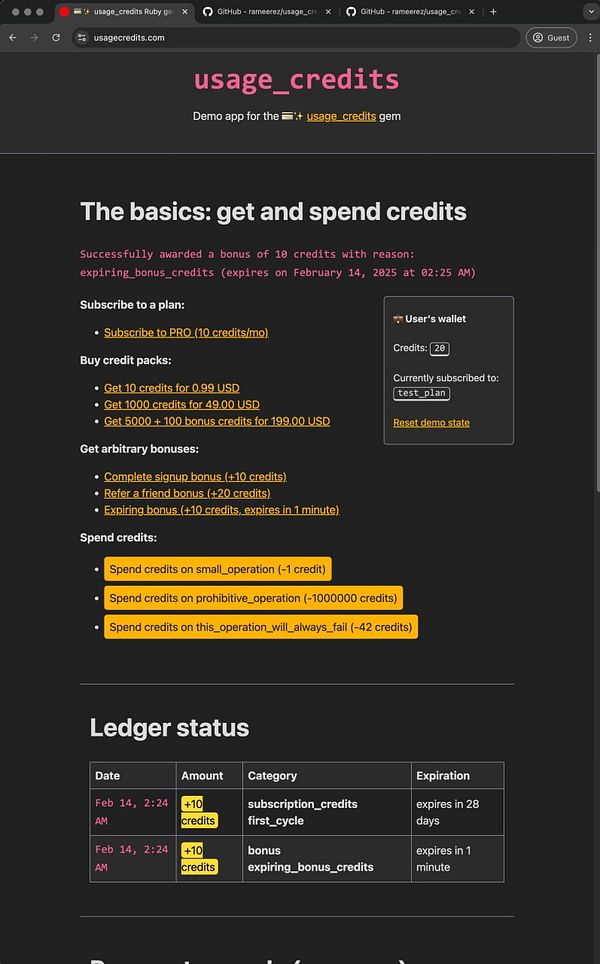 The image displays a webpage for the usage_credits demo app, detailing credit management features and user wallet information.
