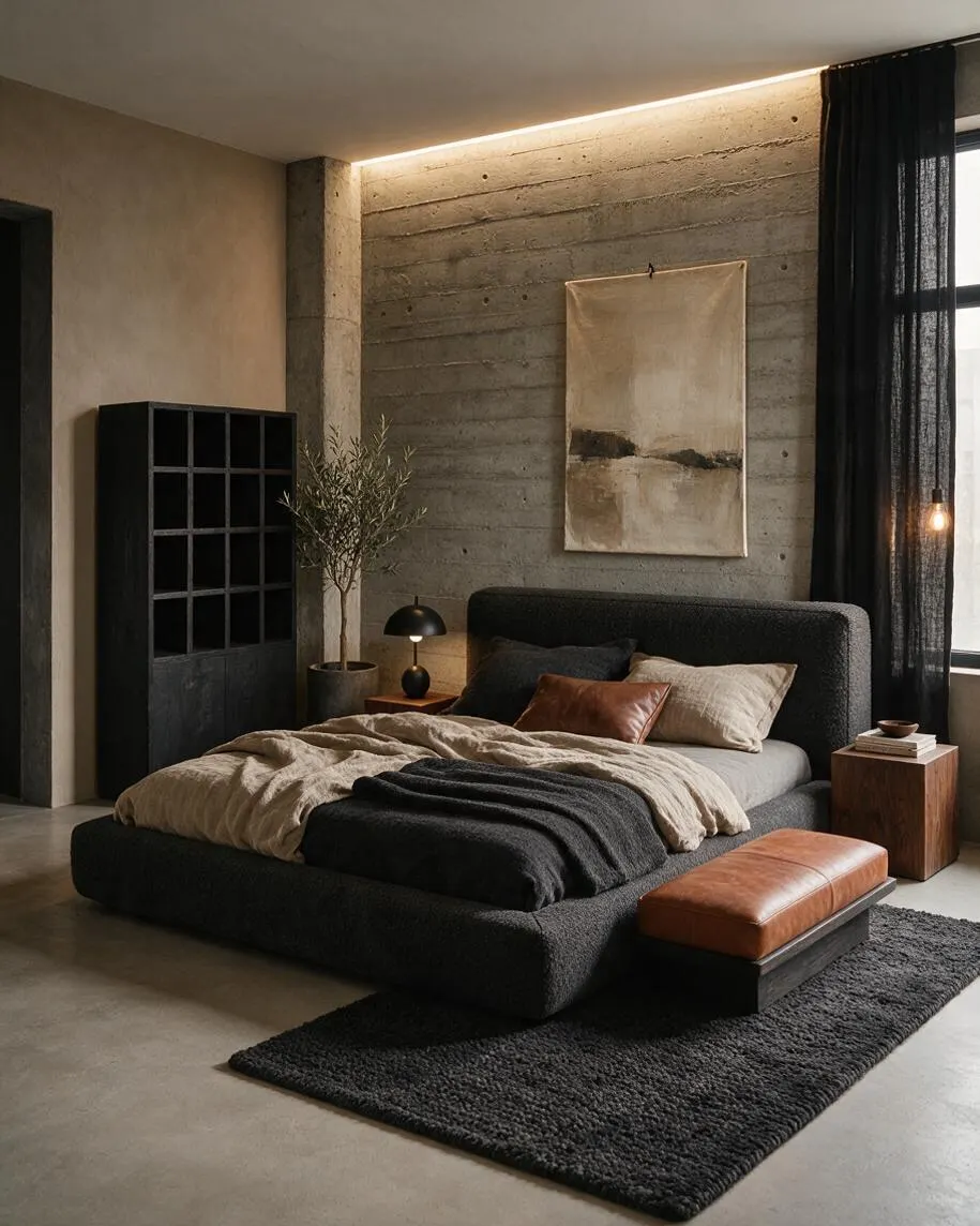 A moody bedroom with exposed concrete walls and a dark upholstered platform bed dressed in layered beige and charcoal bedding. Black curtains, a cubed shelving unit, warm wood nightstands, a leather bench, and a textured dark rug add depth and warmth.