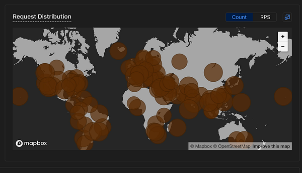 A world map displaying the distribution of client requests for the application #capgo over the last 24 hours.