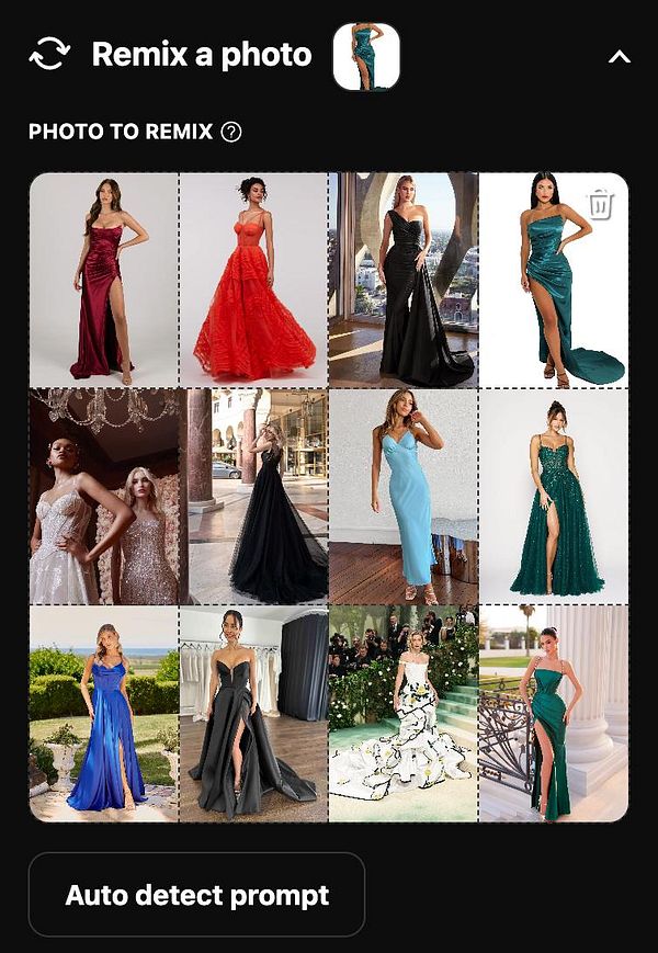 A user interface for a photo remix feature showcasing various dresses.