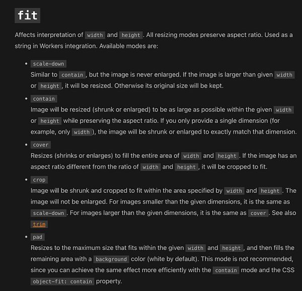 The image displays a detailed explanation of various image resizing modes for Cloudflare Image Resizing.