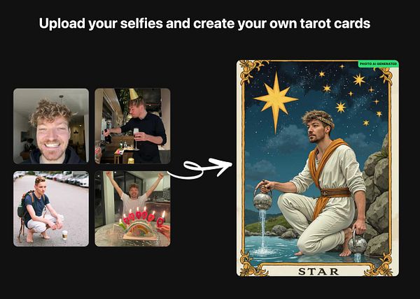 The image features a collage of selfies alongside a digitally generated tarot card titled 'Star'.