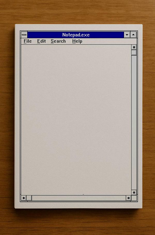 A minimalist design of a Notepad application interface on a wooden surface.