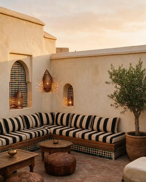 A Moroccan-style outdoor courtyard with cream stucco walls, arched mosaic niches, and warm lanterns glowing at dusk. Black-and-cream striped cushions wrap around built-in seating, with carved wooden tables, leather poufs, terracotta pots, and an olive tree adding texture and warmth.