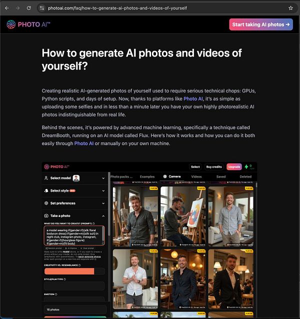 The image displays a webpage from Photo AI detailing how to generate AI photos and videos of oneself.