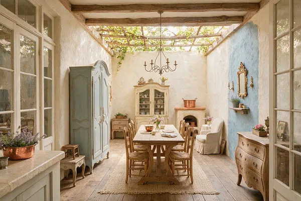 A sunlit French Country backyard dining space with weathered wood beams, a vine-covered open pergola ceiling, and stucco walls in cream and pale blue. The room includes a rustic wooden dining table with woven chairs, painted antique-style cabinets, a chandelier, a small fireplace, and French doors opening to the courtyard.