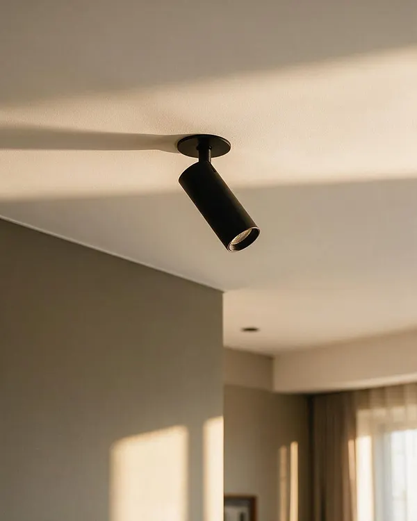 A close-up view of a matte black cylindrical ceiling spotlight mounted on a white ceiling. Soft natural sunlight casts long shadows across the room, with beige walls and sheer curtains visible in the background, creating a calm modern interior.