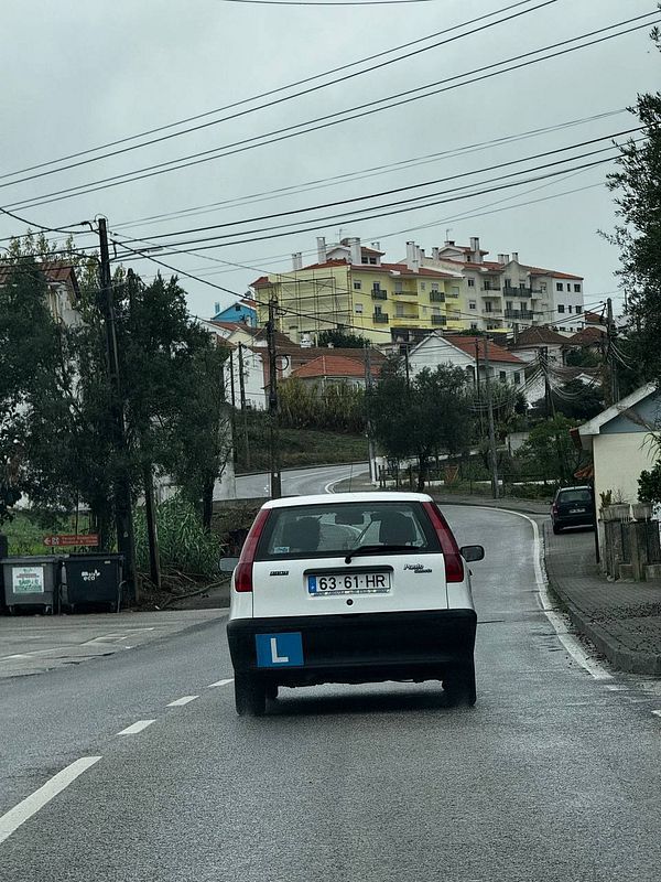 A white car with a learner's permit drives along a winding road in a residential area.