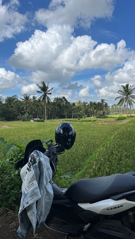 A motorcycle is parked beside lush green rice fields under a blue sky with fluffy clouds.