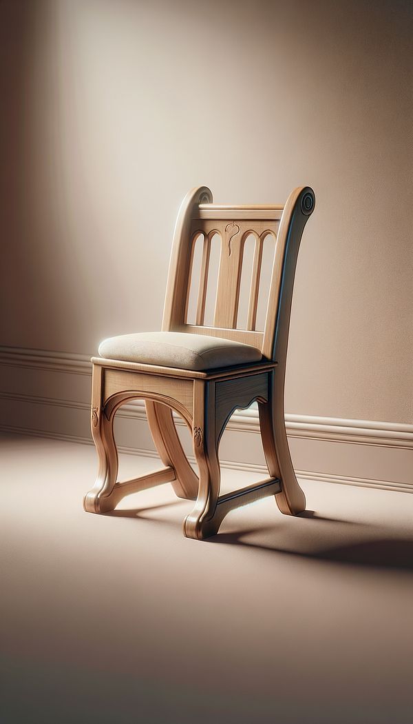 An elegant wooden Prie-Dieu Chair with a padded kneeling pad and a small shelf, placed in a serene, softly lit corner of a room, showcasing its use for private prayer or as a decorative piece in home decor.