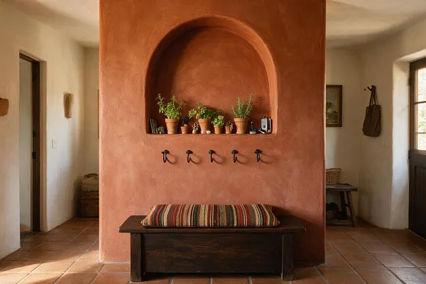 A Mediterranean-style entryway features a terracotta plaster wall with a deep arched niche holding potted herbs and small decor. Below the niche are black metal hooks and a dark wooden bench with a striped cushion, set against white plaster walls and warm terracotta tile flooring.