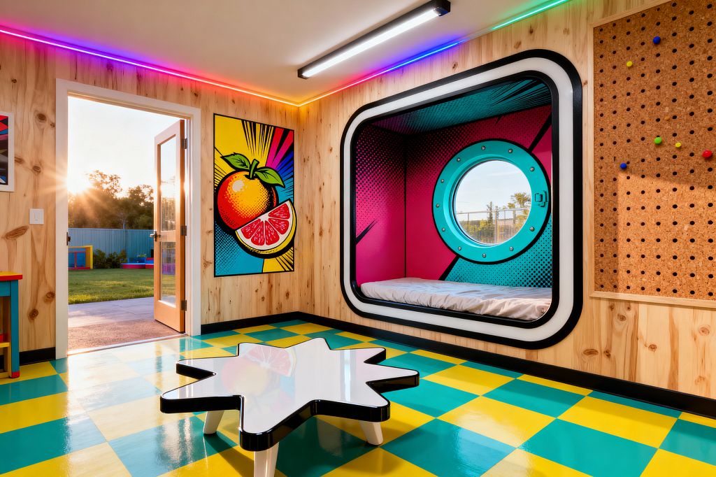A kids’ room with knotty pine walls features a built-in alcove bed outlined in black, lined with magenta and teal comic-style graphics and a round porthole window. The glossy floor is a teal and yellow checkerboard. A white starburst coffee table sits in the center. A large framed citrus pop-art print hangs near a glass door to the yard. Color-changing LED strips trace the ceiling and a perforated pegboard wall holds colorful pegs.