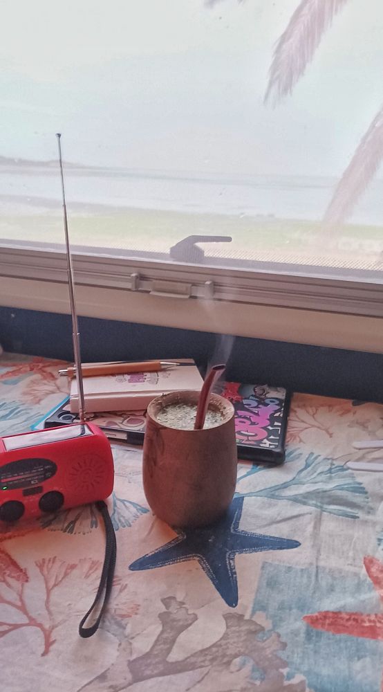 A cozy indoor scene featuring a drink, a radio, and a view of nature outside.