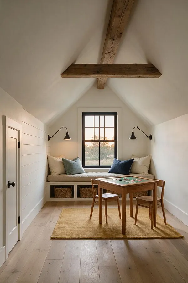 A narrow farmhouse game room with a vaulted ceiling, exposed wood beams, and white shiplap walls. A built-in bench sits beneath a centered window, while a small wooden game table and chairs rest on a mustard-toned rug.