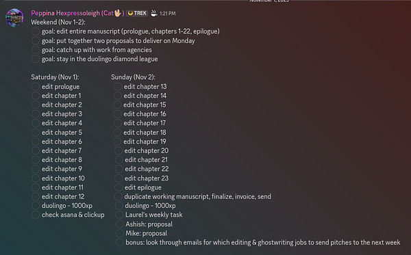 A detailed to-do list for the weekend outlining editing tasks and goals.