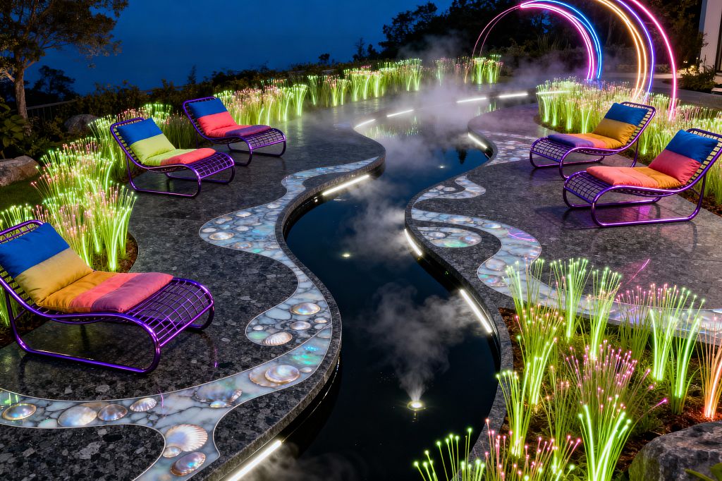 A nighttime patio features a winding reflective water feature with mist, dividing a dark stone surface. Purple powder‑coated metal lounge chairs with open-grid frames hold ombré cushions in blue, yellow, and pink. The paving includes translucent resin swirls inlaid with pearly shells and LED strips. Fiber‑optic plants glow lime and pink along the borders, while a neon rainbow arch at the far end washes the scene in cyan and magenta light.