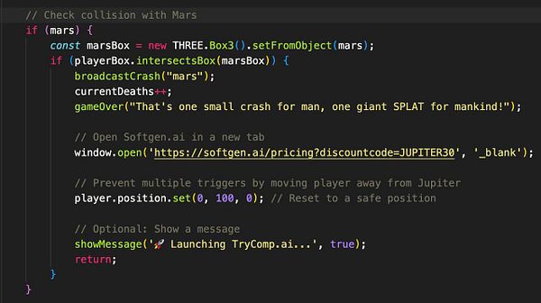 The image displays a code snippet for handling a collision with Mars in a game environment.