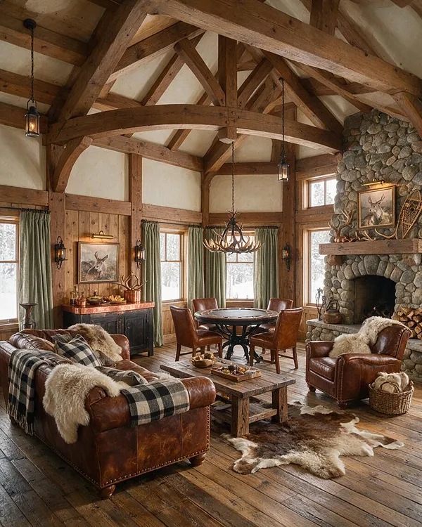 A rustic game room with exposed timber beams, wood plank walls, and a tall stone fireplace creates a cozy lodge atmosphere. Leather chairs and sofa, a round game table, plaid throws, and a cowhide rug add warmth and character.