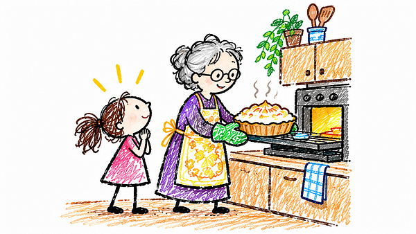 A grandmother places a freshly baked pie into an oven while a happy granddaughter watches eagerly in a cozy kitchen.
