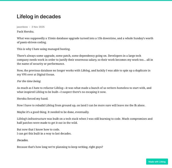 A blog post discussing challenges faced with the Lifelog platform and the need for a rebuild.