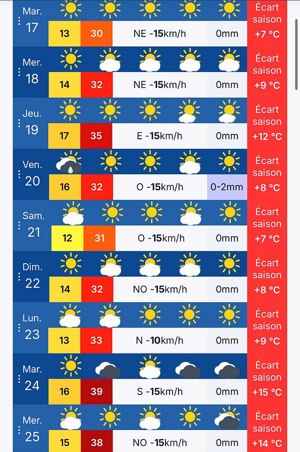 The image displays a detailed weekly weather forecast with temperatures, wind speeds, and precipitation predictions.