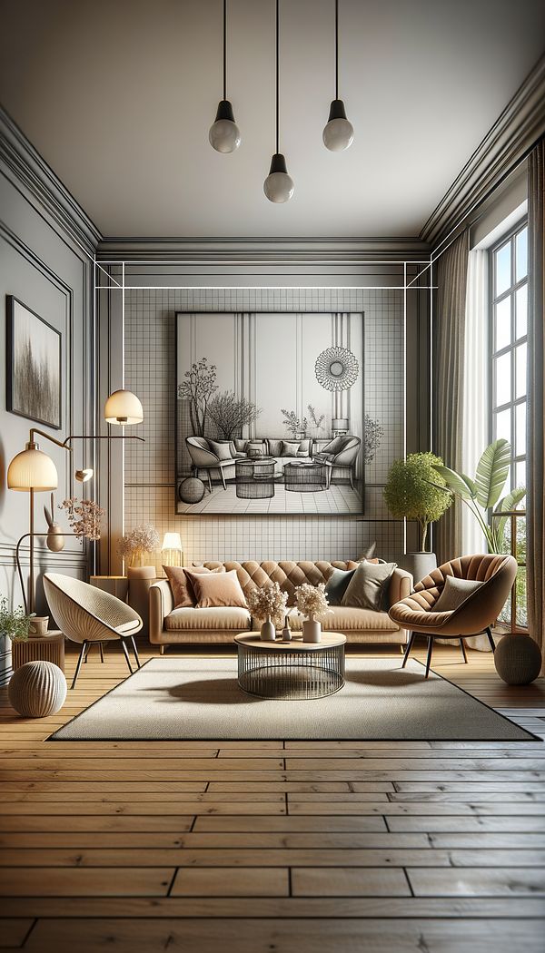 An elegantly designed living room demonstrating balanced proportion. It features a large sofa, small accent chairs, and various decorative items sized and spaced perfectly to create harmony.
