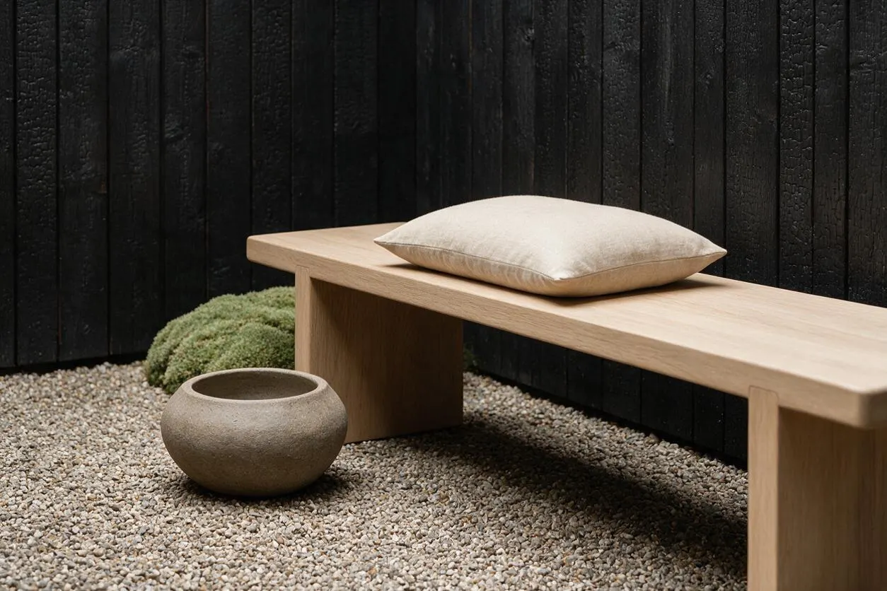 A serene Japandi-style outdoor corner with a light wood bench topped by a neutral cushion, set on a pebble ground against a dark vertical slat wall. A rounded stone planter and low green shrub add organic contrast to the minimal composition.